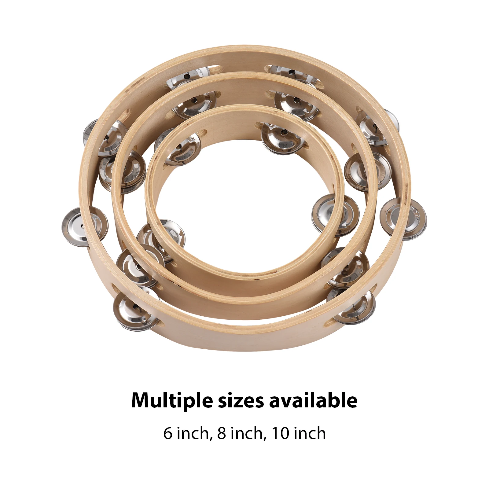 6/8/10  Inch Tambourine Hand Cranked Bell Single Row Wooden Tambourine Rings Wooden Natural Color Metal Bell Sound