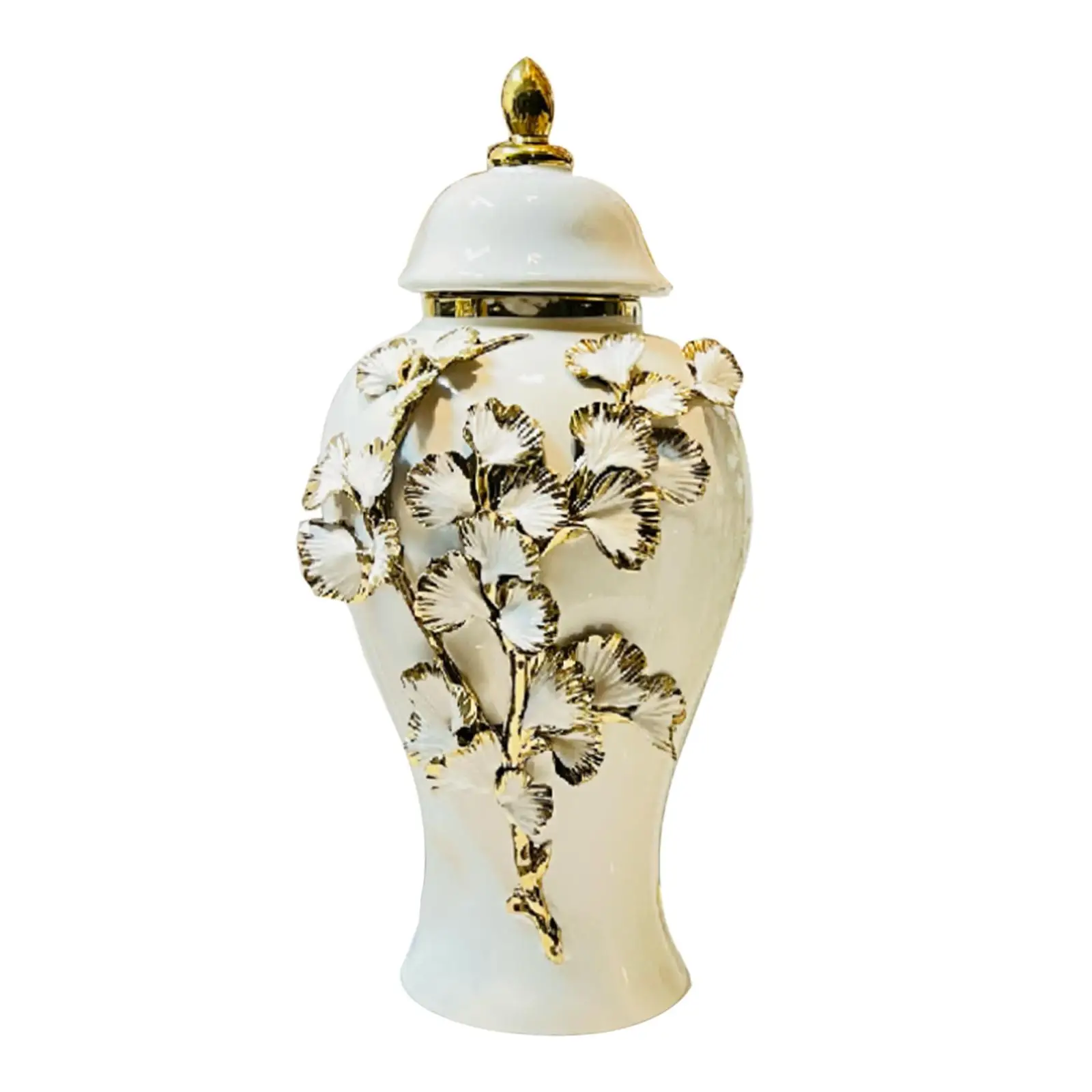 Porcelain Ginger Jar Ceramic Tea Canister Tin Temple Jar White Gift Table Centerpiece Ornament for Entrance Fireplace Cabinet