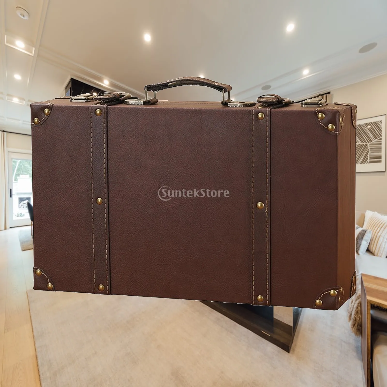 Antique Brown Leather Suitcase Storage Chest with Riveted Corners for Living Room Shelf Decor and Prop Use