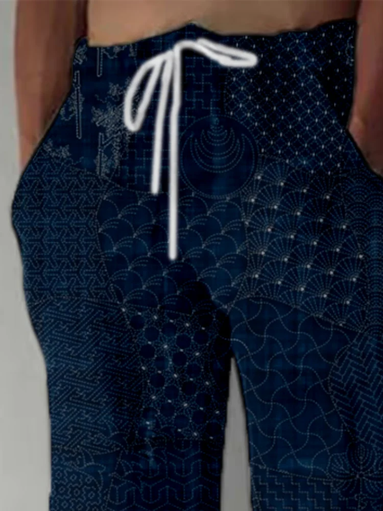 Men's Japanese Traditional Sashiko Art Blend Casual Pants Fashion Wide Leg Long Trousers Holiday Floor-Length Autumn 2025 Bottom