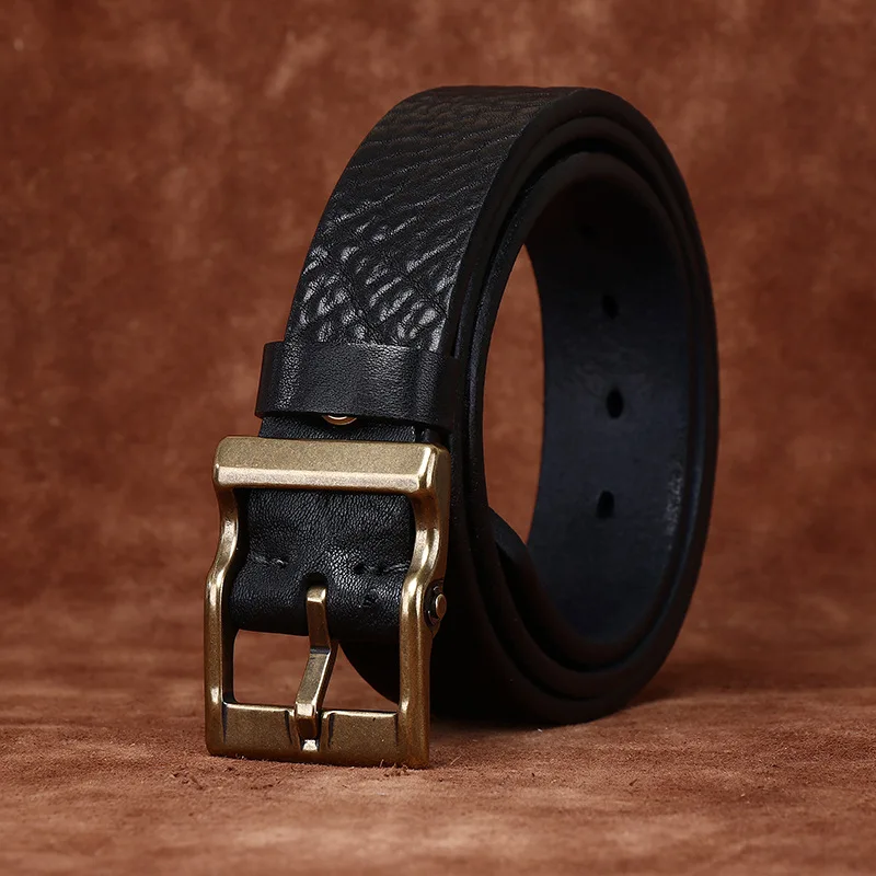 Cintura versatile alla moda in vera pelle retrò da uomo con motivo grezzo, strato di testa in pelle bovina, cintura con motivo bisonte ispessito, larghezza 3,8 cm