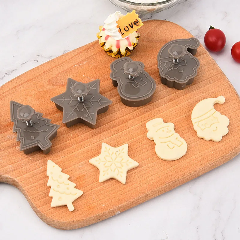 ​ ​ Juego de cortadores de galletas navideños de 4 piezas: moldes de plástico para hornear sin BPA para galletas navideñas, muñeco de nieve/copo de nieve/árbol de Navidad