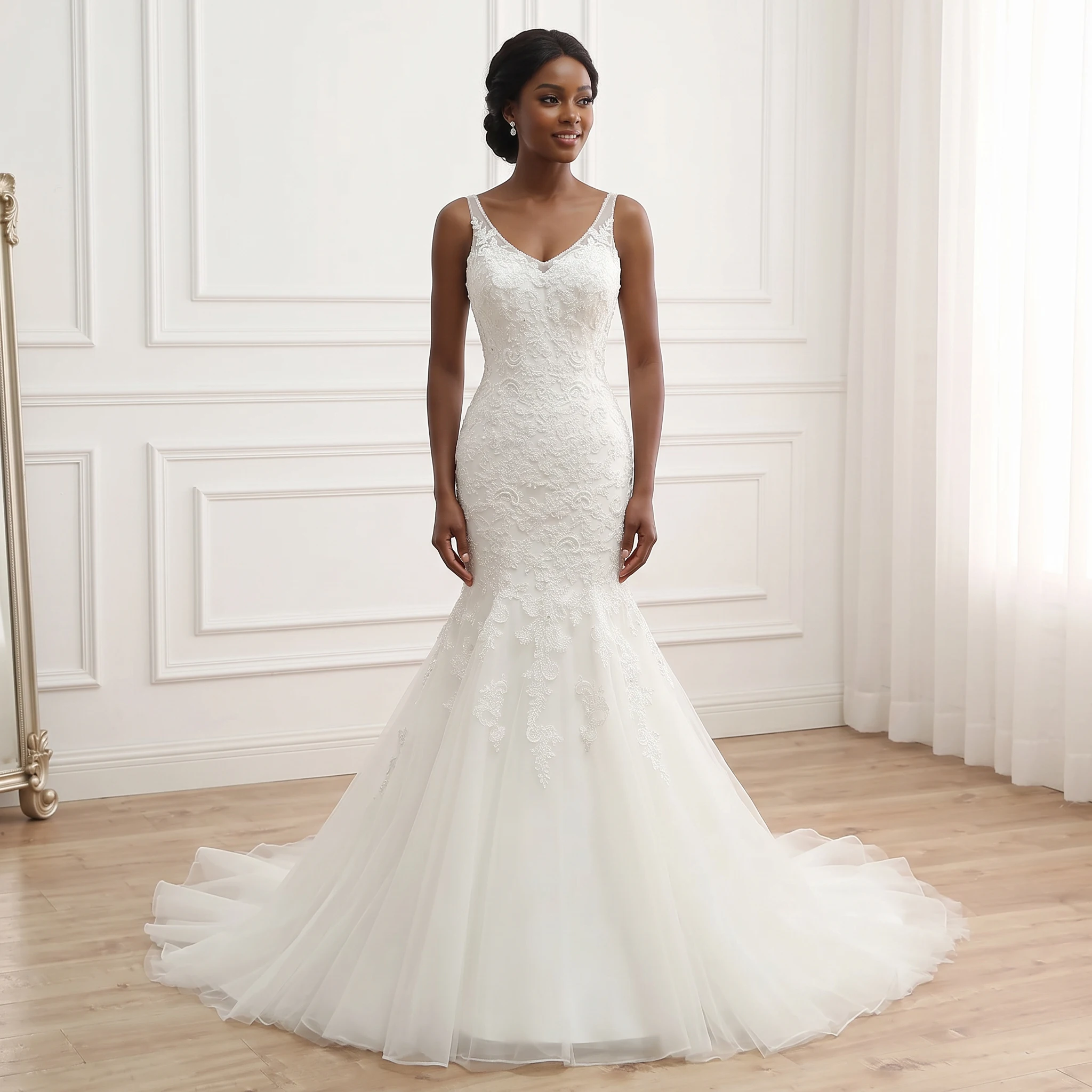 Mermaid Wedding Dress V Neck Spaghetti Straps Lace Appliques Beaded Bridal Gown Tulle Court Train Sleeveless Fitted Wedding Gown
