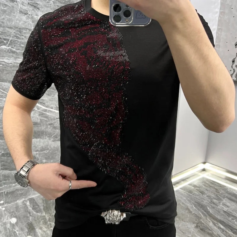 2023 Summer Top O-neck Short Sleeve T-shirt Men High Quality Animal Rhinestones Tshirt Men Social Club Outfits Tee Shirt Homme