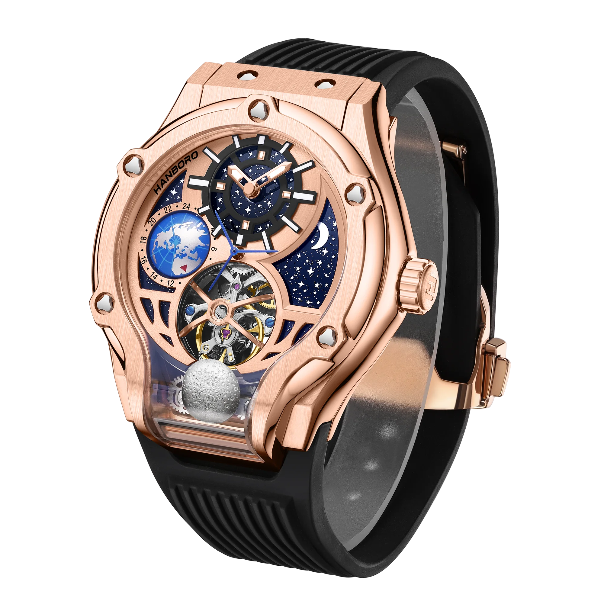 HANBORO Rose Gold Starry Sky Hollow Flywheel Moon Phase Automatic Mechanical Watch Luxury Space Theme Sports Watch 980