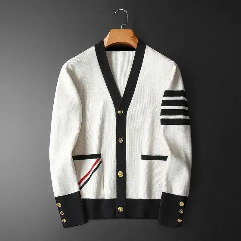 2026 New Men V Neck Knitted Cardigan Sweater Korean Fashion Casual Outerwear Spring Thin Jacket Male Pullover Tops