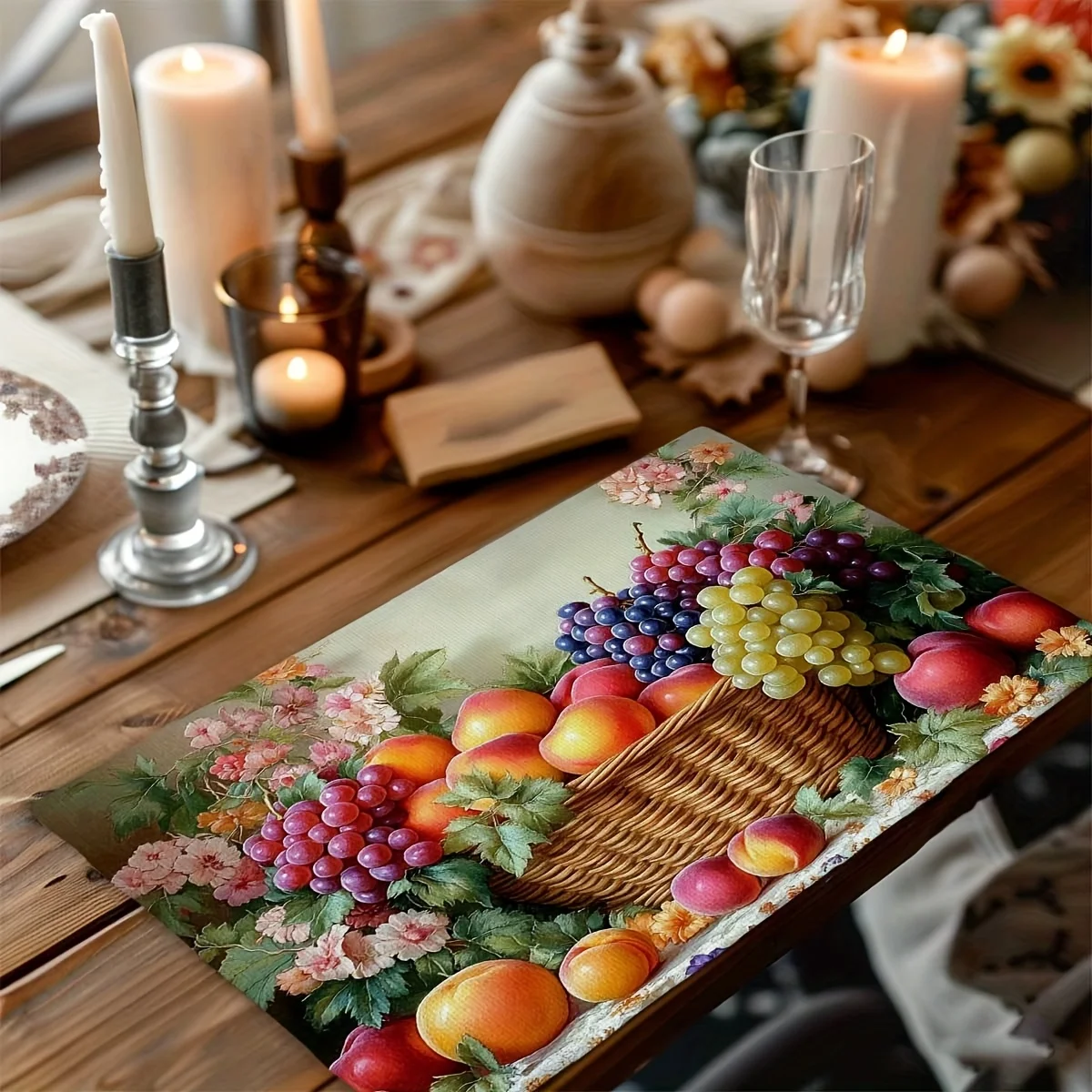 Fruit Basket Placemats Set of 4/6/8 Fabric Table Mats with Grapes Peaches and Flowers for Country Style Kitchen