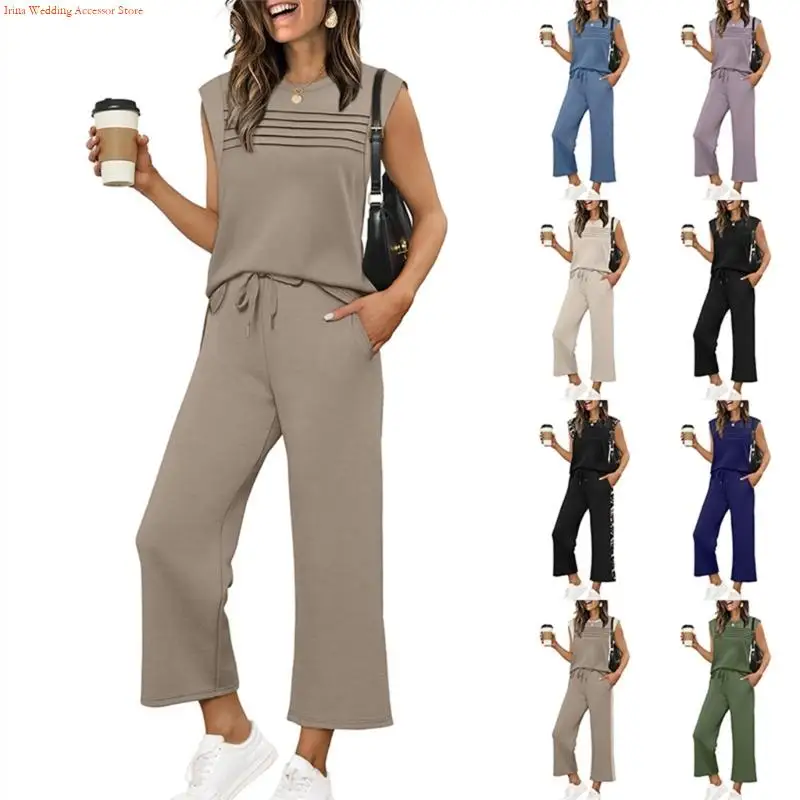 G92D Two Piece Sets for Women Travel Vacation Outfits Short Sleeve Lounge Sets Side Slit Wide Leg Pants