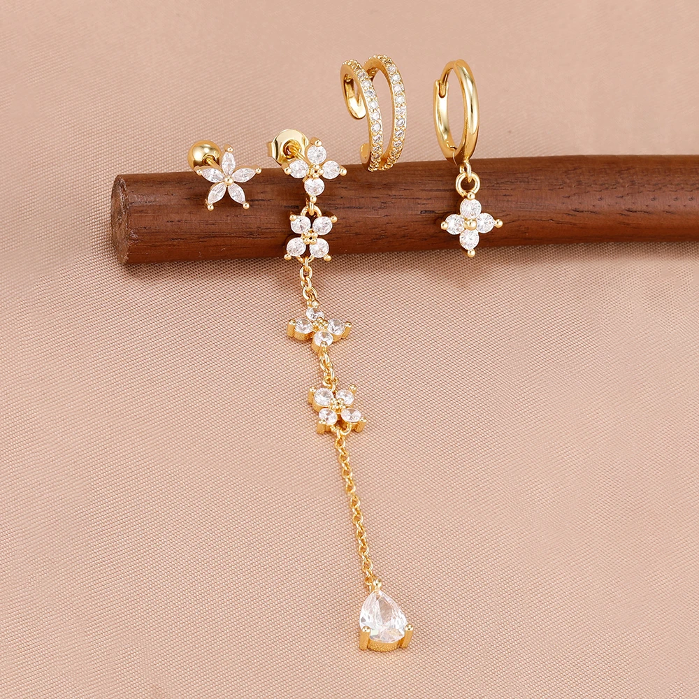 4PCS French Design Gold Plated Long Chain Flower Ear Stud Set For Women Elegance Zircon Petal Drop Dangle Earrings Girls Jewelry