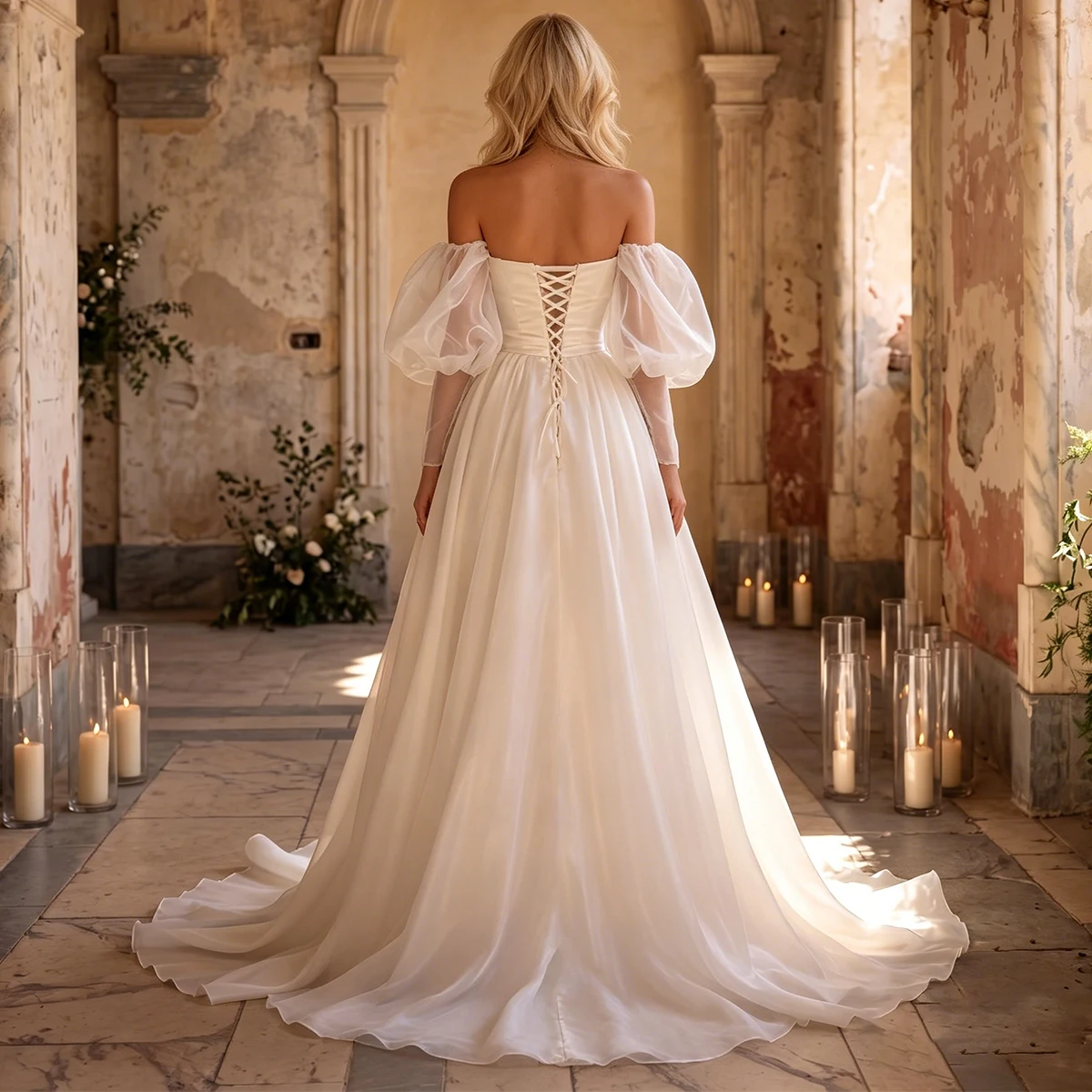 Classic Organza Wedding Dress For Women Puffy Sleeve Bridal Party Gown For Bride Strapless Ball Gown Long Vestidos Novia