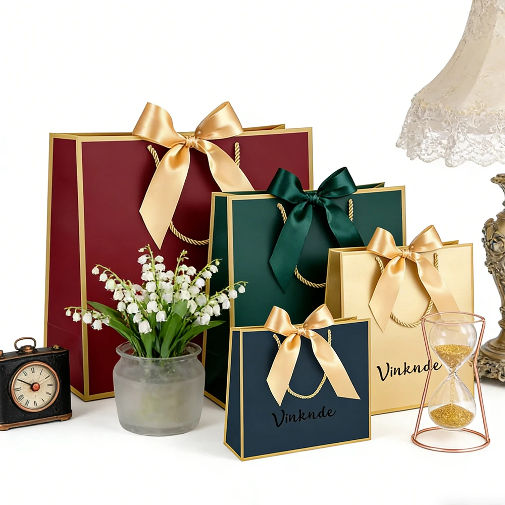 

100Pack Personalized Logo Luxury Navy Paper Shopping Tote Gift Bags Jewelry Cosmetic Packaging Bag With Bow Ribbon Wedding Favor