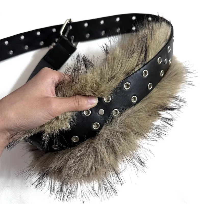 

Women's Fashion Fur Patchwork PU Leather Rivet Corset Female Cummerbund Coat Waistband Dress Decration Wide Belt J1324