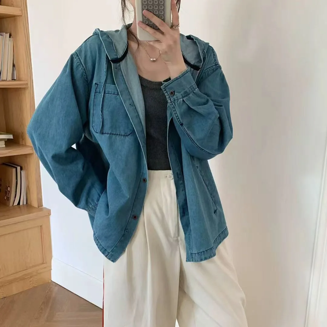 SuperAen Hooded Denim Long-sleeved Shirt for Women 2026 Spring and Autumn New Retro Simple Plain Single-breasted Casual Jackets