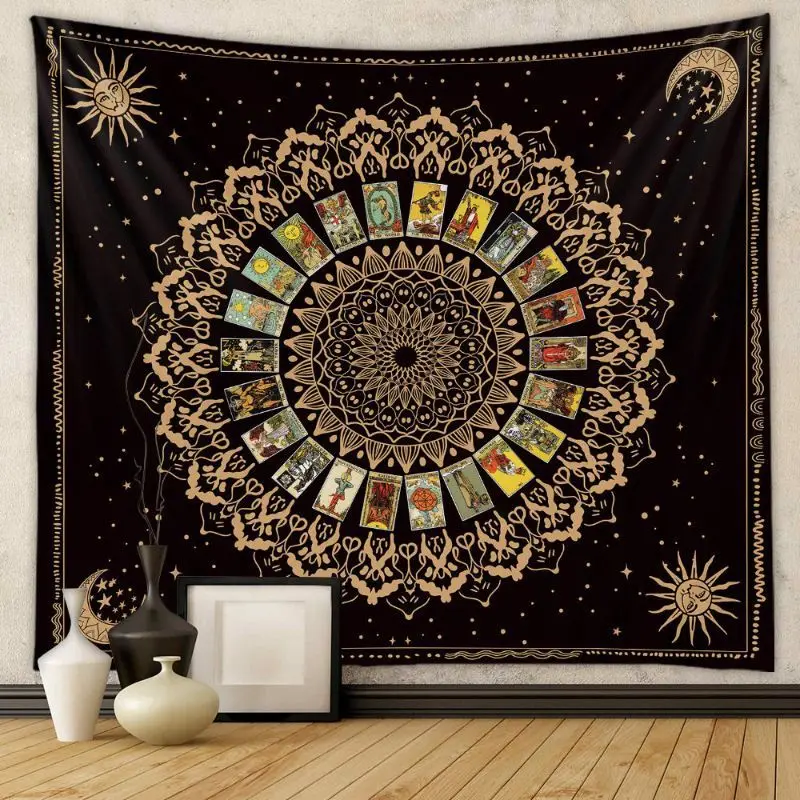 VIKAMA Tarot Zodiac Wheel Wall Tapestry Black Background Sun Moon Face Twelve Constellation Card Astrology Occult Mystical Decor
