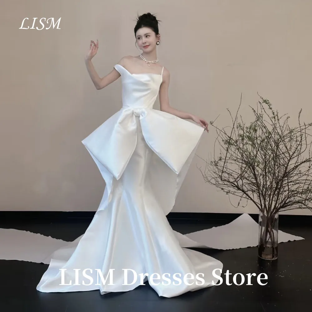 

LISM Простые корейские свадебные платья трапециевидной формы на одно плечо, мягкие атласные элегантные свадебные платья для фотосессии, корсеты по индивидуальному заказу