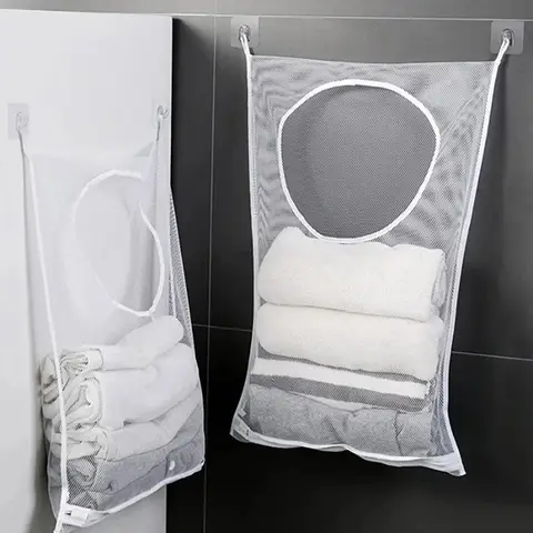 Foldable Mesh Dirty Clothes Storage Bag with Hook - Wall Hanging Laundry Basket Frame Bucket for Clothing Org
