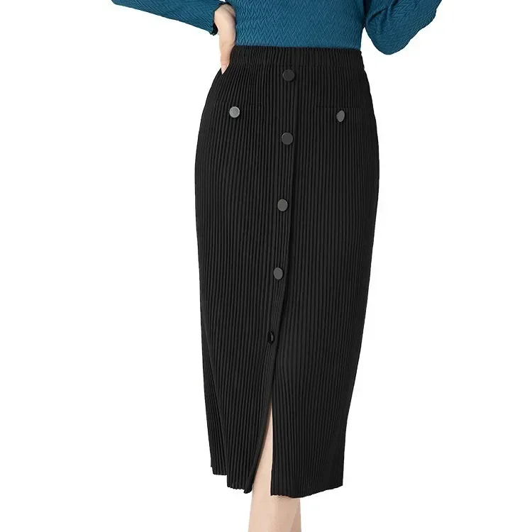 Miyake Skirt Women's Autumn New 2023 Fashionable Single-breasted Slit Elastic Waist Bag Hip Skirt Pleated Thick Material