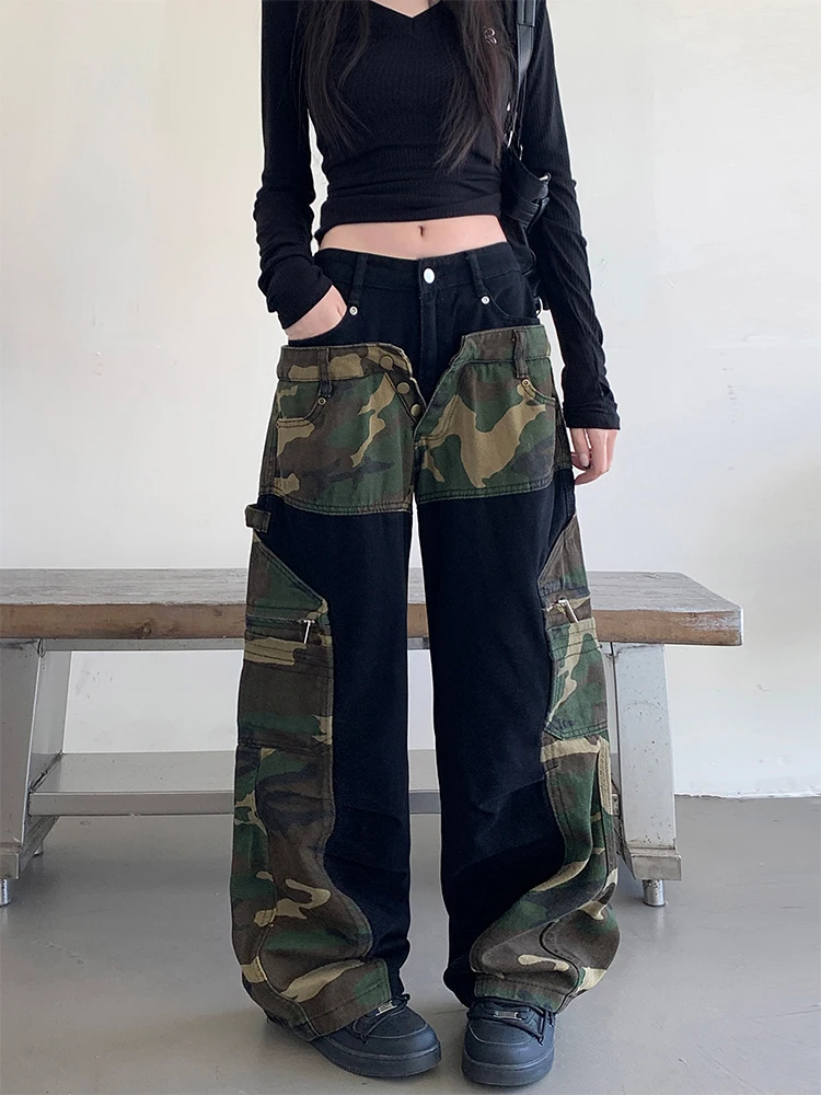 Women Chic Baggy Patchwork Camouflage Jeans Japanese Y2K Denim Pants 2000s Long Trousers Harajuku Grunge Boyfriend Dark Academia