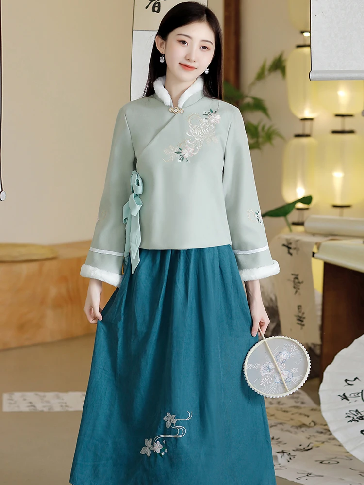 Veste d'hiver en coton rembourrée style Tang, petite veste cheongsam de style chinois, style ancien Han, jupe de jeunesse