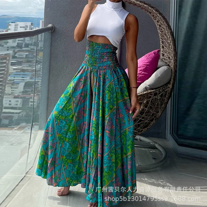 Tribal Paisley Print Shirred High Waist Wide Leg Pants Women Flower Floral Summer Loose Pants Trousers