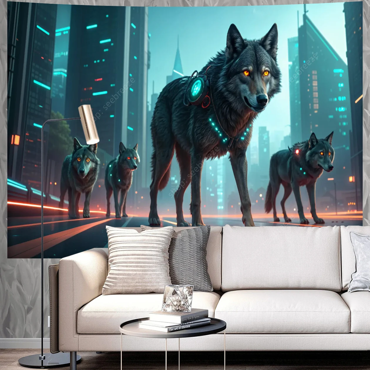 Majestic Wolf Mystical Golden Flames Tapestry Vibrant Spiritual Nature Inspired Abstract Wall Art Home Decor Modern Energy