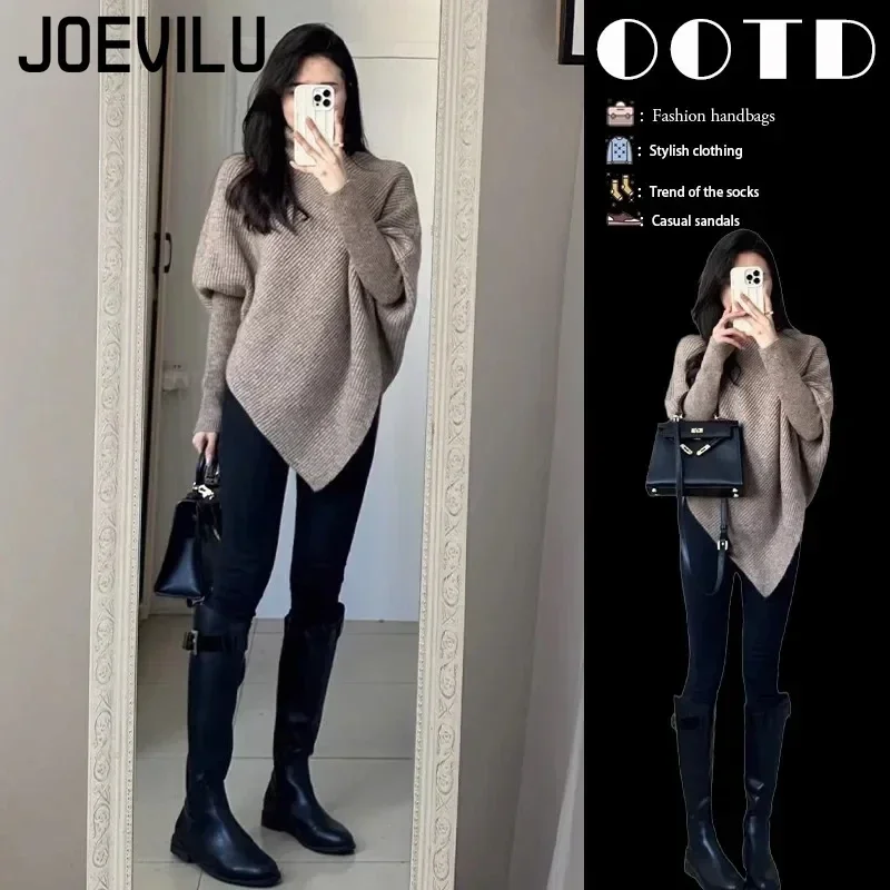 JOEVILU maglione a collo alto da donna irregolare sciolto maglia Top caldo maglione Casual moda coreana stile pigro Pullover di colore solido