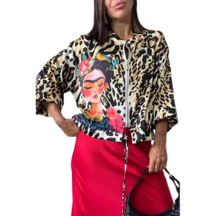 

2025 Новая модная женская куртка на молнии с принтом, зимняя повседневная свободная куртка с леопардовым принтом на шнуровке, летный костюм, куртка с карманами для женщин