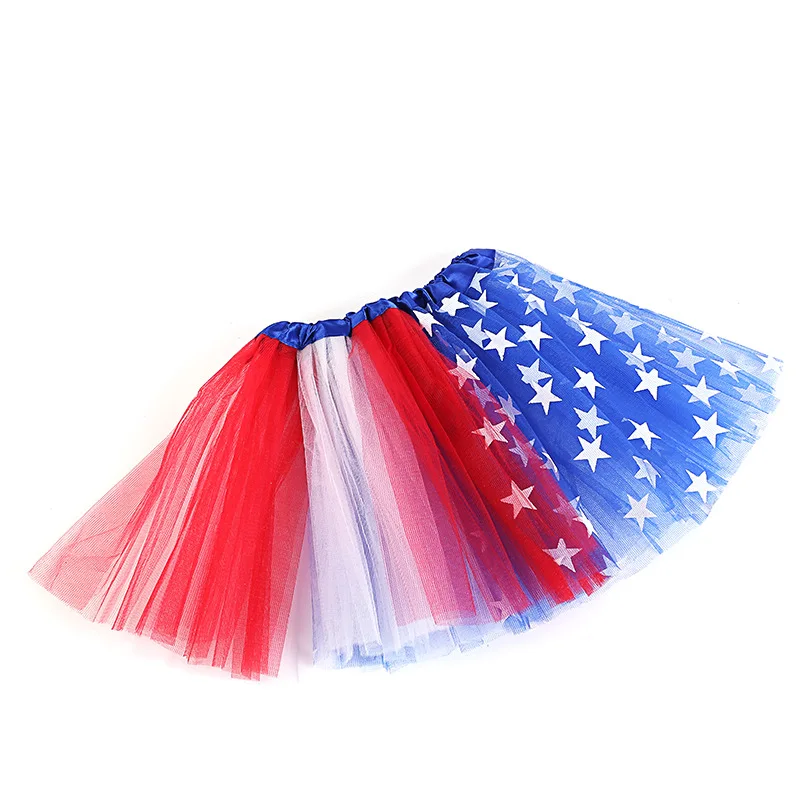 Kids American Flag Three Layers Tutu Skirt Pentagram Star Party Stage Dress Halloween Costume Easter Cosplay