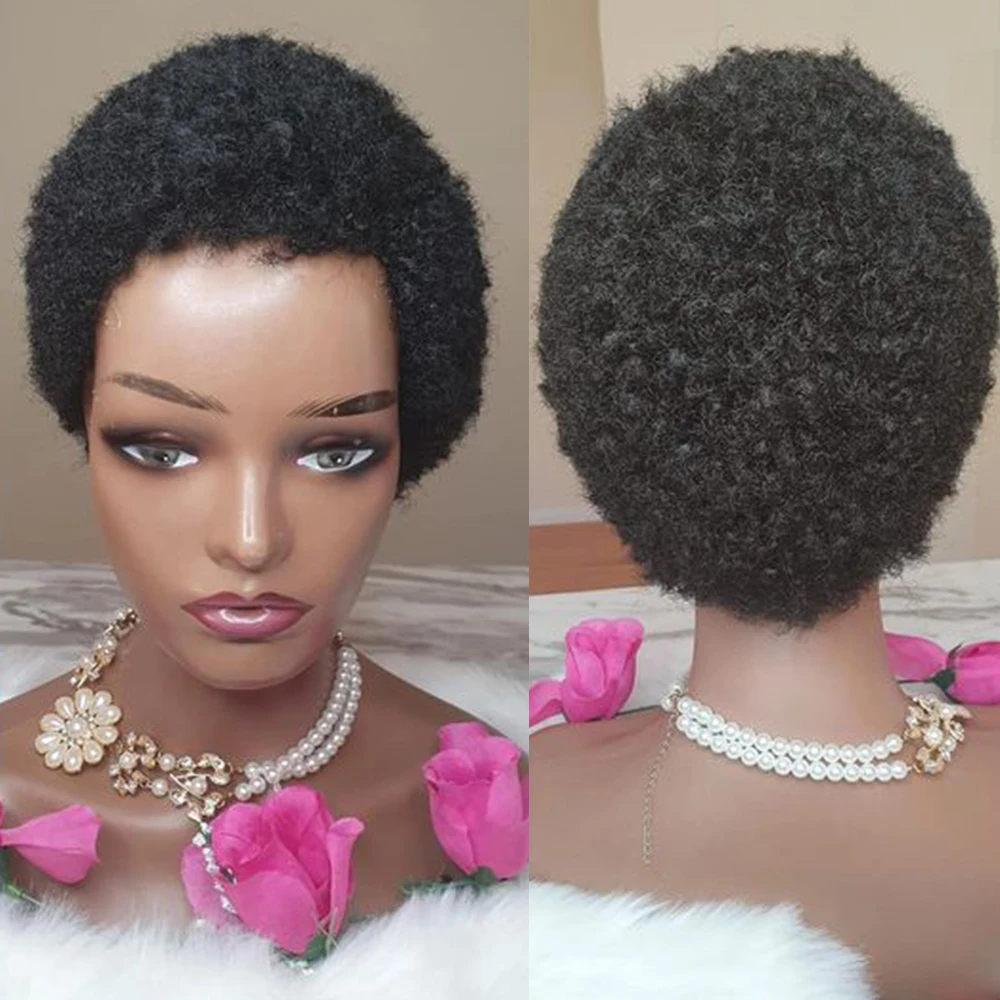 Besteffie Short Afro Kinky Curly Synthetic Wig Pixie Cut Short Curly Wigs African American Replacement Wig for Natural Color