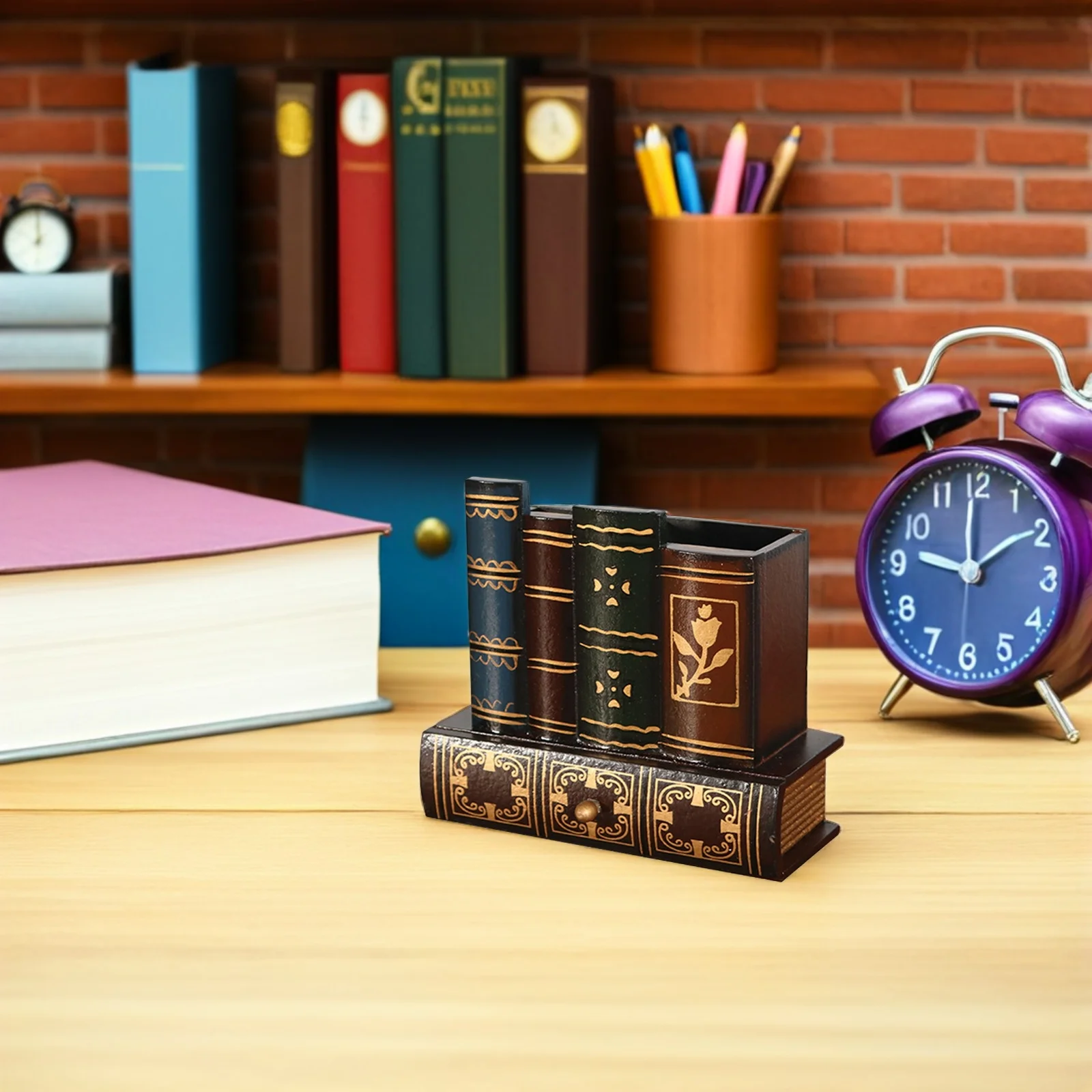 

1pc Retro Wooden Holder Drawer Sturdy Office Home Study Stationery Storage Holder Wooden Brush Pot Space Saving Decor
