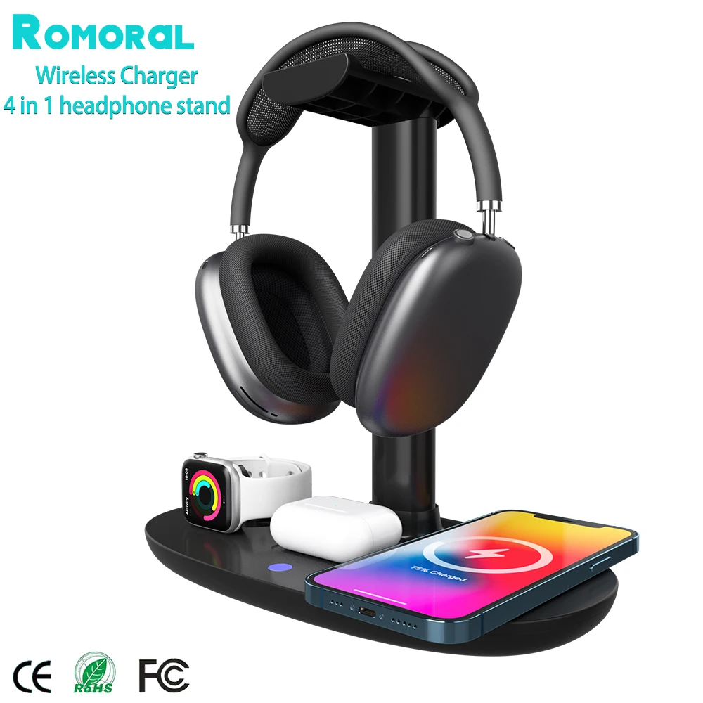 

Wireless Charger 4 in1 15W Headphone Stand QI Quick Charging Dock Micro USB Mobile Phone Station For Samsung Iphone Apple Watch