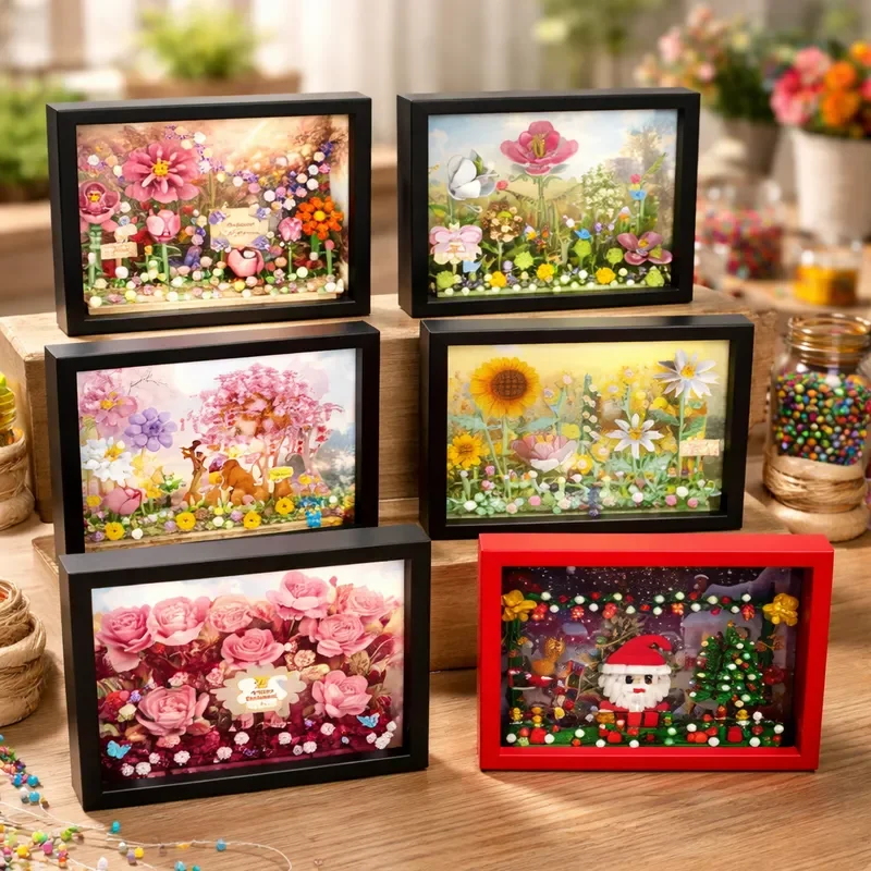 MOC Creative Flower 3D Frame Building Blocks Set, DIY Flower Puzzle with Background Board, Wall & Desk Decor Gift for Girls Kids