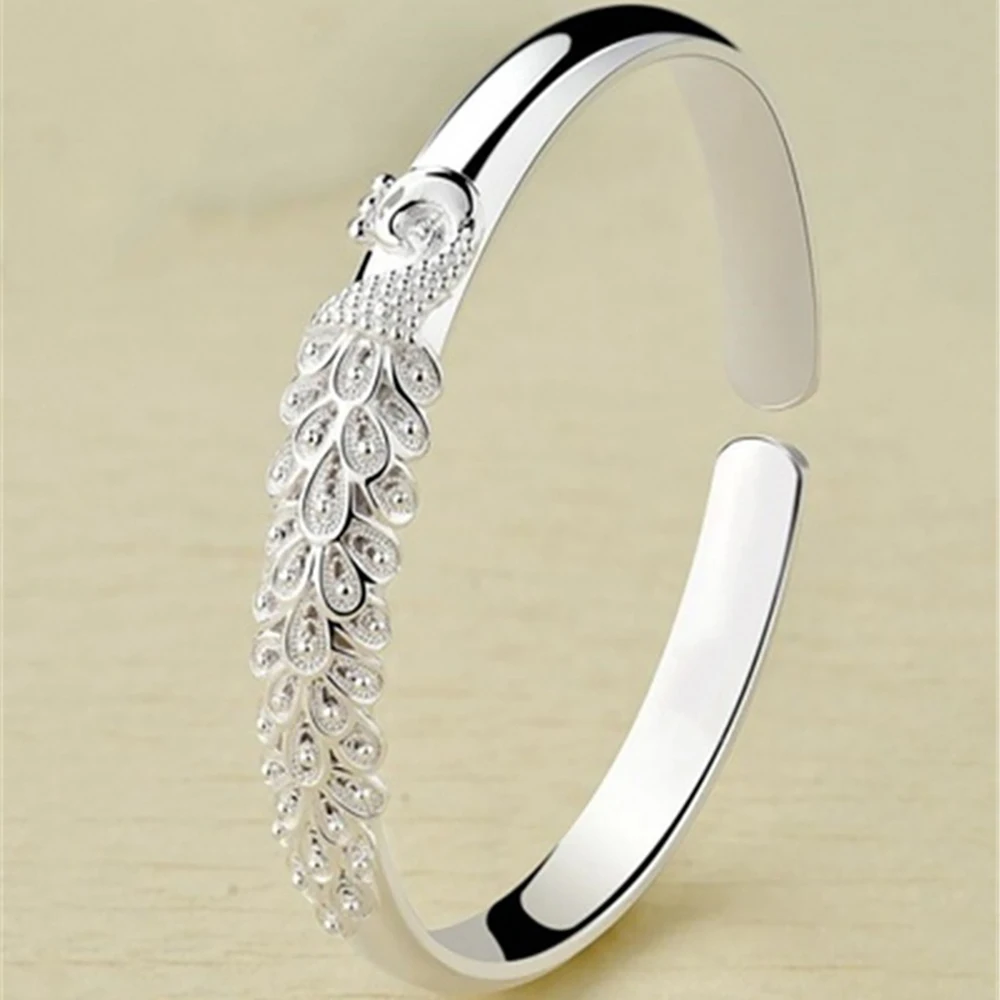 New 925 Sterling Silver Elegant Peacock Opening Screen Bracelet Bangles for Women Fashion Party Wedding Accessories Jewelry Gift