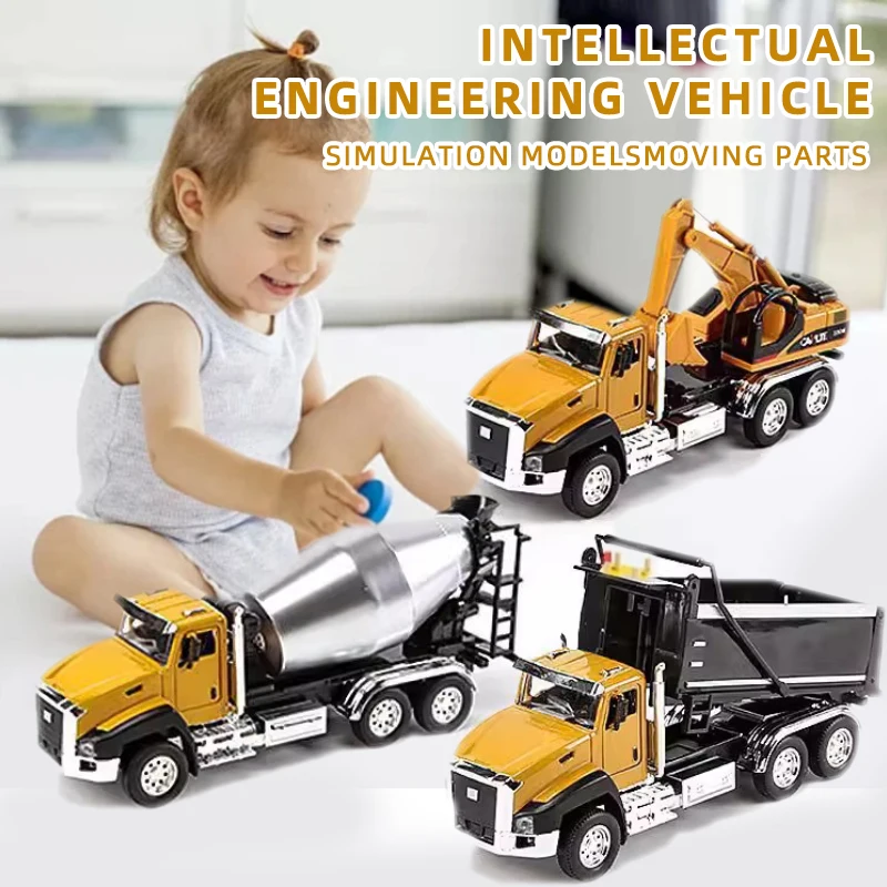 3 Pack of Diecast Engineering Construction Vehicles Dump Digger Mixer Truck 1/50 Scale Metal Model Cars Pull Back Car Kids Toys