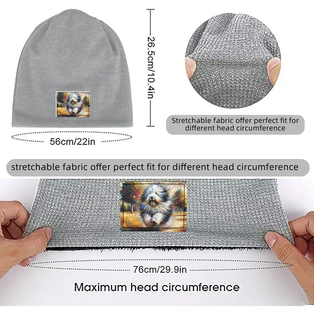 Old English Sheepdog Dog Portrait Acrylic Art Waffle Knit Fleece Lined Beanie with PU Leather Patch Unisex Warm Winter Soft Cap