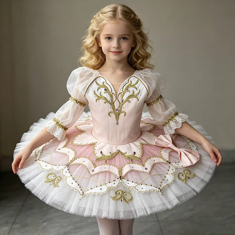 Women tulle bubble long sleeve pointed V neck ballet tutu performance dress iridescent rhinestone gilded scroll embroidery pink