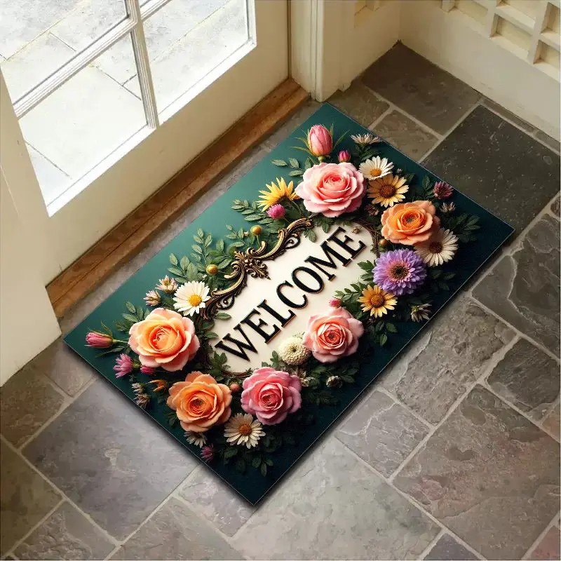 

VIKAMA Summer Welcome with Floral for Front Doormats,Non Slip Rug with Rubber Backing,Absorbent Outdoor Rugs Home Entrance Decor