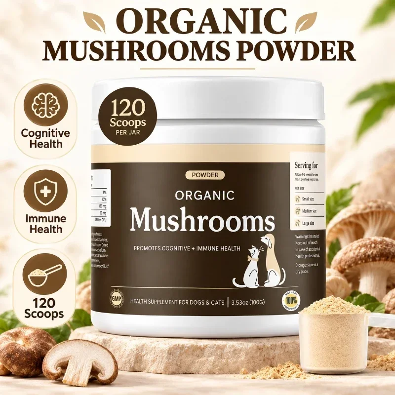 Organic Mushroom Powder for Dogs & Cats Cognitive Immune Support Pet Supplement 120 Scoops 100g