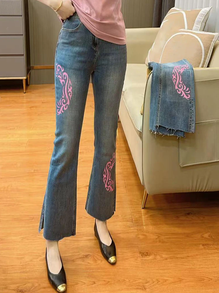 

Весна-лето 2024, утягивающие эластичные девятисекционные джинсовые брюки с высокой талией, модные универсальные расклешенные брюки в национальном стиле