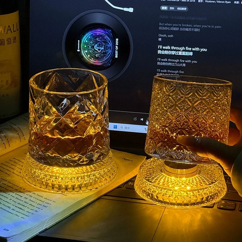 

2026 New Whiskey Glasses Rotating Whisky Glass with Glass Base 360 Rotate Degrees Crystal Rum Glass for Cocktail Party Drinking