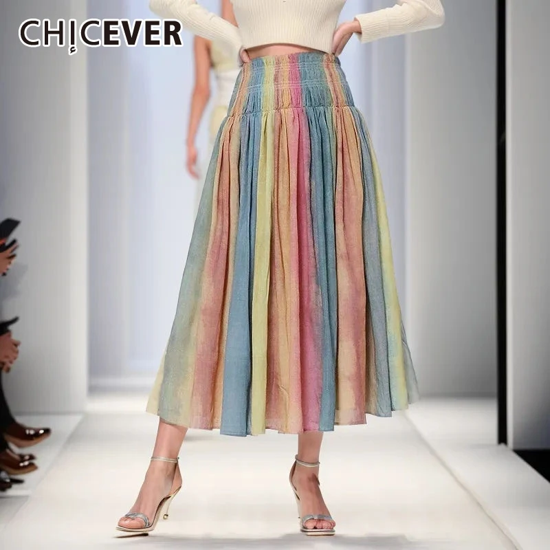 CHICEVER Casual Colorful Striped Skirts For Women High Waist Patchwork Folds Loose A Line Fashion Skirt Female Clothing Summer