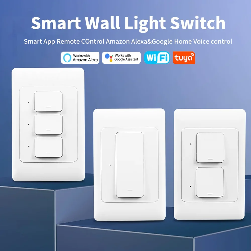 Tuya WiFi Push Smart Switch Button Wall Light Switches 1/2/3gang No Neutral Wire Required Switch Wireless Control Alexa Google