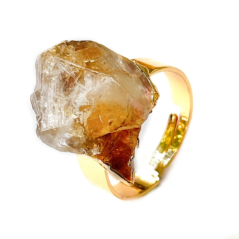 Irregular Raw Citrine Open Rings for Women Genuine Stone Adjustable Finger Jewelry with Gold Edge