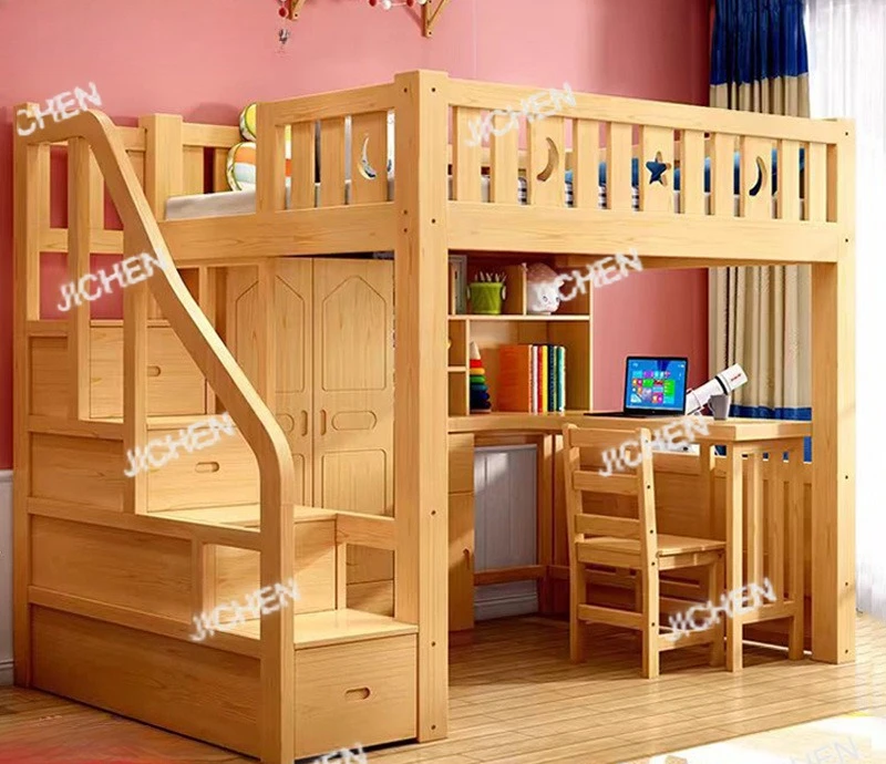 Solid wood bed, lower table, high and low bed, integrated wardrobe, multi-functional desk, study bed, elevated small apartment