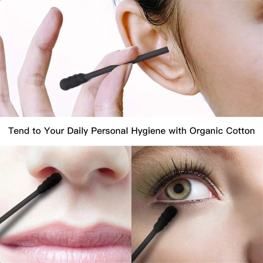 tifanso 200 Count Black Cotton Swabs Natural Black Double Tipped Cotton Buds CrueltyFree Ear Swabs ChlorineFree Hypoallergenic