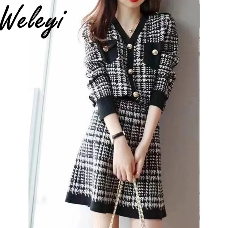 

Elegant Office Ladies Thousand Birds Plaid Outfits 2024 Autumn New Woman V-Neck Knitted Shirt and Mini Skirt Two-piece Suit