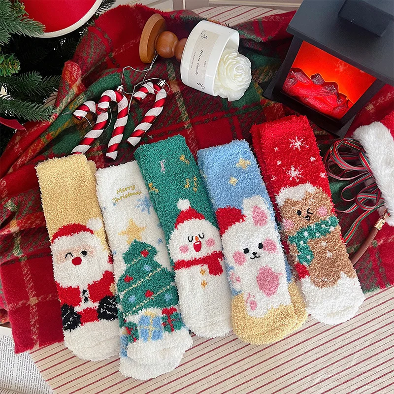 Winter Warm Thickened Female Floor Slippers Sleep Cartoon Socks Christmas Coral Fleece Mid-tube Socks Christmas Gift