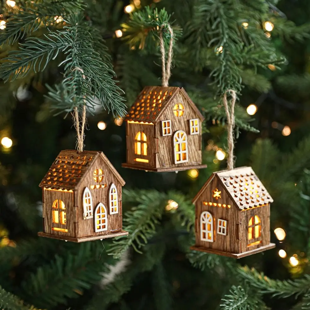 Mini Christmas Wooden House Pendant LED Light Natural Glowing House Ornament Exquisite Xmas Tree Hanging Decoration