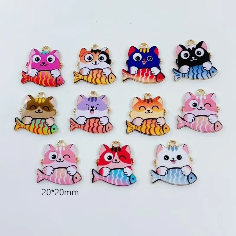 10pcs cross-border cartoon cute alloy cat eating fish animal pendant DIY accessories accessories mobile phone brooch pendant view 6