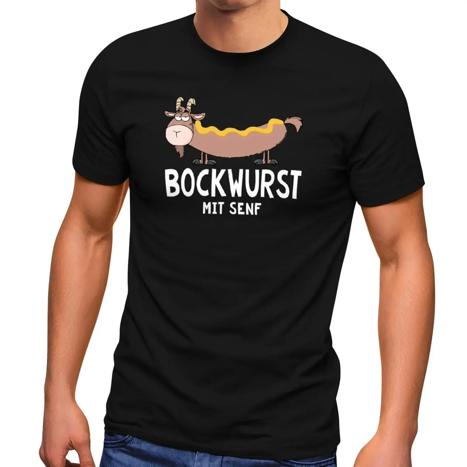 MoonWorks Men's T Shirt Grilling Goat Bock Sausage with Mustard Joke Cartoon Word Game Fun Saying Funny vintage Washed